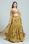 Buy_Rajat K Tangri_Yellow Printed Mughal Art Blouse Sweetheart Cape Lehenga Set_at_Aza_Fashions