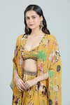 Rajat K Tangri_Yellow Printed Mughal Art Blouse Sweetheart Cape Lehenga Set_at_Aza_Fashions