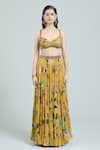 Shop_Rajat K Tangri_Yellow Printed Mughal Art Blouse Sweetheart Cape Lehenga Set