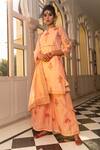 Buy_The Home Affair_Peach Chanderi Handblock Print Floral Notched Kurta Sharara Set _at_Aza_Fashions