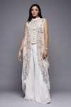 Sonali Gupta_White 50% Silk Embroidered Floral Mandarin Cutwork Cape Sharara Set _at_Aza_Fashions