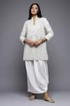 Buy_Sonali Gupta_White 50% Silk Embroidered Mirror High Collar Jacket And Draped Skirt Set _at_Aza_Fashions