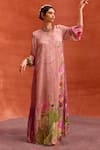 Buy_Kalista_Pink Viscose Crepe Printed Lotus Bloom Round Naira Jalabiya Maxi Dress 