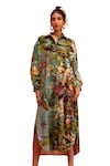 Buy_Kalista_Green Viscose Collared Elara Floral Pattern Bishop Sleeve Dress_Online_at_Aza_Fashions