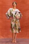 Buy_Kalista_Grey Viscose Satin V Neck Elara Floral Pattern Kaftan Dress_at_Aza_Fashions