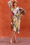 Kalista_Grey Viscose Satin V Neck Elara Floral Pattern Kaftan Dress_Online_at_Aza_Fashions