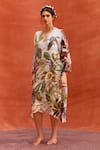 Buy_Kalista_Grey Viscose Satin V Neck Elara Floral Pattern Kaftan Dress