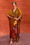 Buy_Kalista_Yellow Viscose Crepe Print Bloom V Neck Saira Blossom Hand Embroidered Kaftan_at_Aza_Fashions