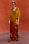 Kalista_Yellow Viscose Crepe Print Bloom V Neck Saira Blossom Hand Embroidered Kaftan _Online_at_Aza_Fashions