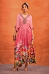 Buy_Kalista_Pink Viscose Crepe Print Bloom V Neck Bianca Botanic Kaftan_at_Aza_Fashions