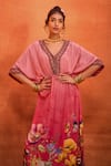 Buy_Kalista_Pink Viscose Crepe Print Bloom V Neck Bianca Botanic Kaftan_Online_at_Aza_Fashions