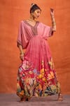 Shop_Kalista_Pink Viscose Crepe Print Bloom V Neck Bianca Botanic Kaftan_Online_at_Aza_Fashions