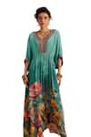 Kalista_Green Viscose Crepe Print Bloom V Neck Bianca Botanic Fleur Kaftan_Online_at_Aza_Fashions