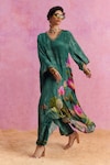 Buy_Kalista_Green Viscose Crepe Print Padma Bloom V Neck Luciana Kaftan With Pant_at_Aza_Fashions