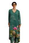 Buy_Kalista_Green Viscose Crepe Print Padma Bloom V Neck Luciana Kaftan With Pant_Online_at_Aza_Fashions