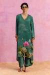 Shop_Kalista_Green Viscose Crepe Print Padma Bloom V Neck Luciana Kaftan With Pant_Online_at_Aza_Fashions