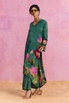 Kalista_Green Viscose Crepe Print Padma Bloom V Neck Luciana Kaftan With Pant_Online