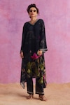 Buy_Kalista_Black Viscose Crepe Print Padma Bloom V Neck Luciana Lotus Kaftan With Pant_at_Aza_Fashions