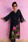 Shop_Kalista_Black Viscose Crepe Print Padma Bloom V Neck Luciana Lotus Kaftan With Pant_Online_at_Aza_Fashions