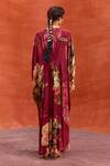 Kalista_Wine Viscose Crepe Print Rose V Neck Melinda Garden Hand Embroidered Kaftan_Online_at_Aza_Fashions