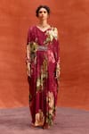 Shop_Kalista_Wine Viscose Crepe Print Rose V Neck Melinda Garden Hand Embroidered Kaftan_Online_at_Aza_Fashions