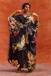 Buy_Kalista_Black Viscose Crepe Print Rose V Neck Melinda Bloom Hand Embroidered Kaftan_at_Aza_Fashions