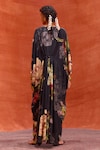 Kalista_Black Viscose Crepe Print Rose V Neck Melinda Bloom Hand Embroidered Kaftan _Online_at_Aza_Fashions