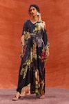 Buy_Kalista_Black Viscose Crepe Print Rose V Neck Melinda Bloom Hand Embroidered Kaftan_Online_at_Aza_Fashions