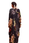 Kalista_Black Viscose Crepe Print Rose V Neck Melinda Bloom Hand Embroidered Kaftan_at_Aza_Fashions