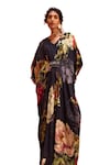 Shop_Kalista_Black Viscose Crepe Print Rose V Neck Melinda Bloom Hand Embroidered Kaftan