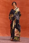 Kalista_Black Viscose Crepe Print Rose V Neck Melinda Bloom Hand Embroidered Kaftan_Online