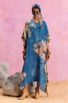 Buy_Kalista_Blue Viscose Crepe Print French Bloom V Neck Savana Kaftan_at_Aza_Fashions