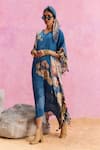 Buy_Kalista_Blue Viscose Crepe Print French Bloom V Neck Savana Kaftan_Online_at_Aza_Fashions