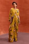 Buy_Kalista_Yellow Viscose Crepe Print Tulip Garden V Neck Maisha Draped Kaftan _at_Aza_Fashions