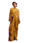 Kalista_Yellow Viscose Crepe Print Tulip Garden V Neck Maisha Draped Kaftan _Online_at_Aza_Fashions