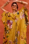 Buy_Kalista_Yellow Viscose Crepe Print Tulip Garden V Neck Maisha Draped Kaftan_Online_at_Aza_Fashions