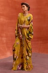 Buy_Kalista_Yellow Viscose Crepe Print Tulip Garden V Neck Maisha Draped Kaftan 