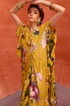 Shop_Kalista_Yellow Viscose Crepe Print Tulip Garden V Neck Maisha Draped Kaftan 