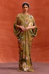 Buy_Kalista_Brown Viscose Crepe Print Tulip Garden V Neck Maisha Bloom Draped Kaftan _at_Aza_Fashions