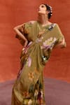 Buy_Kalista_Brown Viscose Crepe Print Tulip Garden V Neck Maisha Bloom Draped Kaftan_Online_at_Aza_Fashions