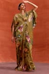 Shop_Kalista_Brown Viscose Crepe Print Tulip Garden V Neck Maisha Bloom Draped Kaftan _Online_at_Aza_Fashions