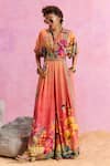 Buy_Kalista_Orange Viscose Crepe Print Flora Collar Neck Floriana Bloom Jumpsuit_at_Aza_Fashions