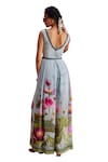 Kalista_Blue Viscose Crepe Print Lotus Paradise V Neck Isra Jumpsuit_at_Aza_Fashions