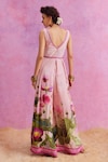 Kalista_Pink Viscose Crepe Print Lotus Paradise V Neck Isra Bliss Jumpsuit_Online_at_Aza_Fashions