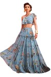 Buy_Kalista_Blue Viscose Georgette Print Delphine Floral Ruffle Blouse With Tiered Skirt_Online_at_Aza_Fashions