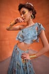 Shop_Kalista_Blue Viscose Georgette Print Delphine Floral Ruffle Blouse With Tiered Skirt_Online_at_Aza_Fashions