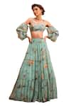 Buy_Kalista_Green Viscose Georgette Print Sophia Life Cold Shoulder Blouse With Skirt_Online_at_Aza_Fashions