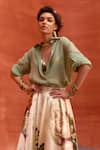 Buy_Kalista_Green Shirt Viscose Organza Print Gardenia Collar Neck Melinda Skirt Set