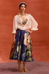 Buy_Kalista_Ivory Shirt Viscose Organza Print Gardenia Collar Melinda Bloom Skirt Set_at_Aza_Fashions