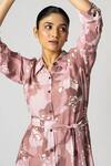 KLAD_Pink Crepe Printed Dots Collar And Abstract Dress With Belt _at_Aza_Fashions